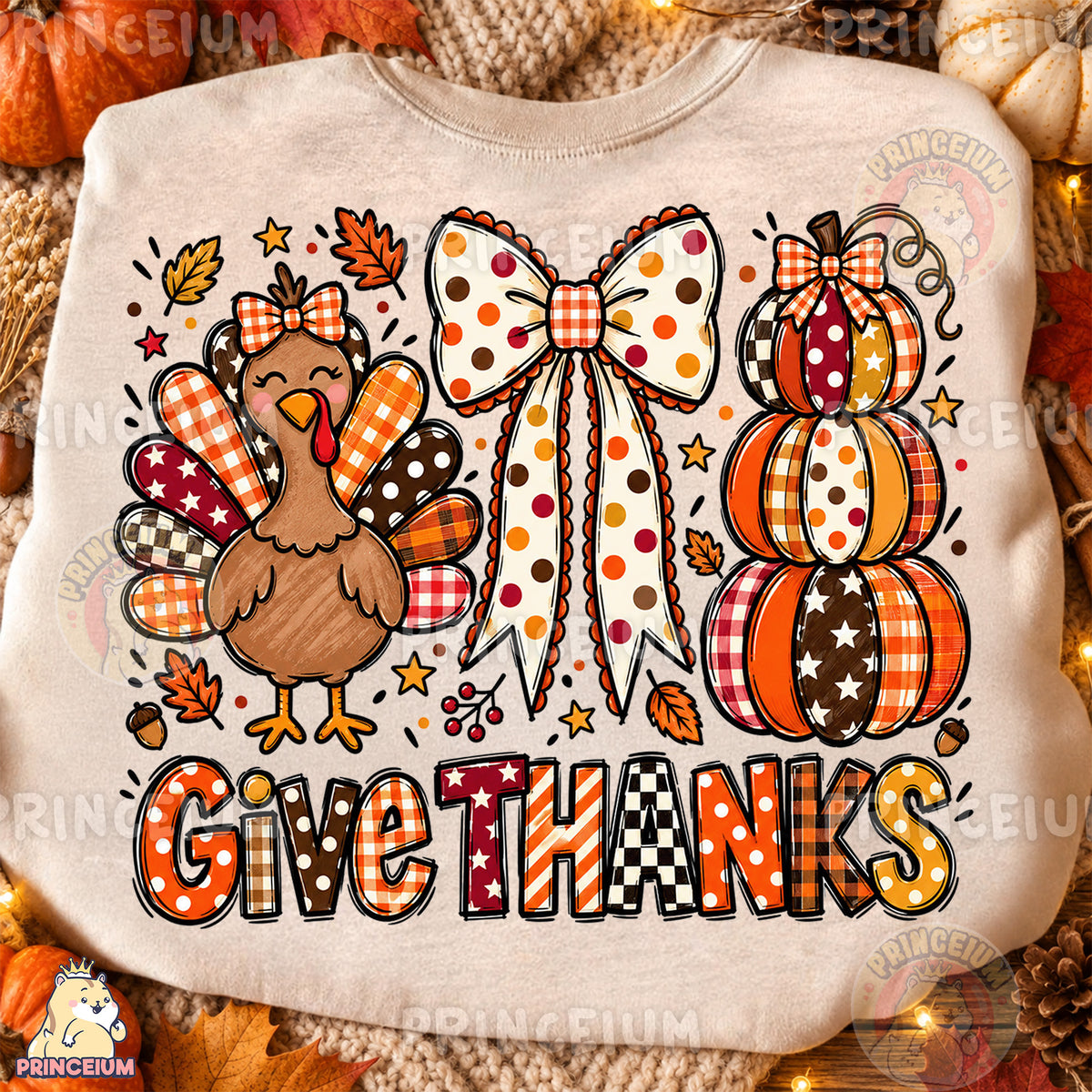 Give Thanks PNG Preppy Thanksgiving Turkey Bow & Pumpkin Design