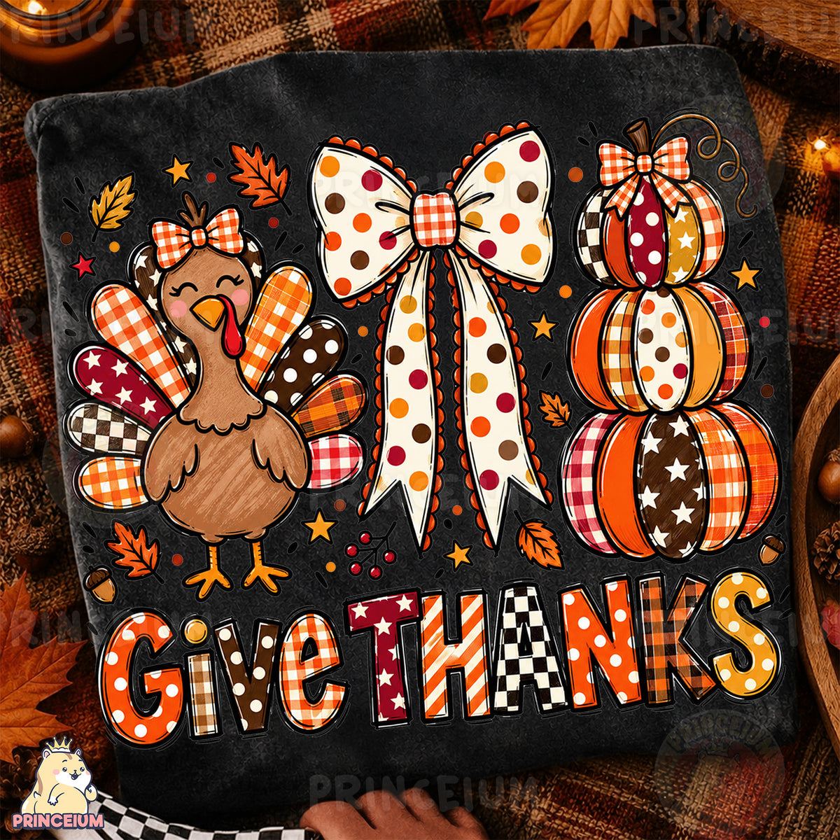 Give Thanks PNG Preppy Thanksgiving Turkey Bow & Pumpkin Design
