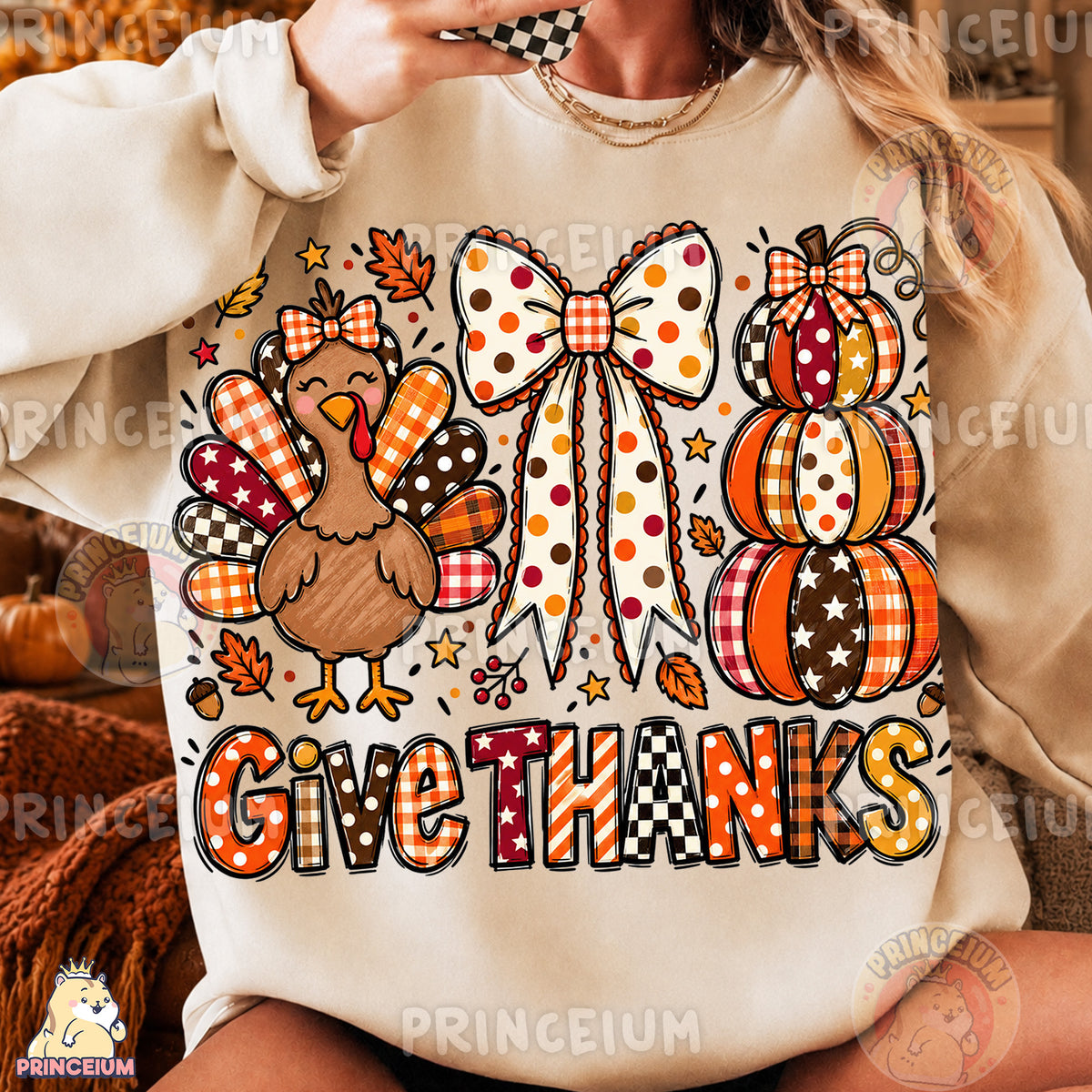 Give Thanks PNG Preppy Thanksgiving Turkey Bow & Pumpkin Design