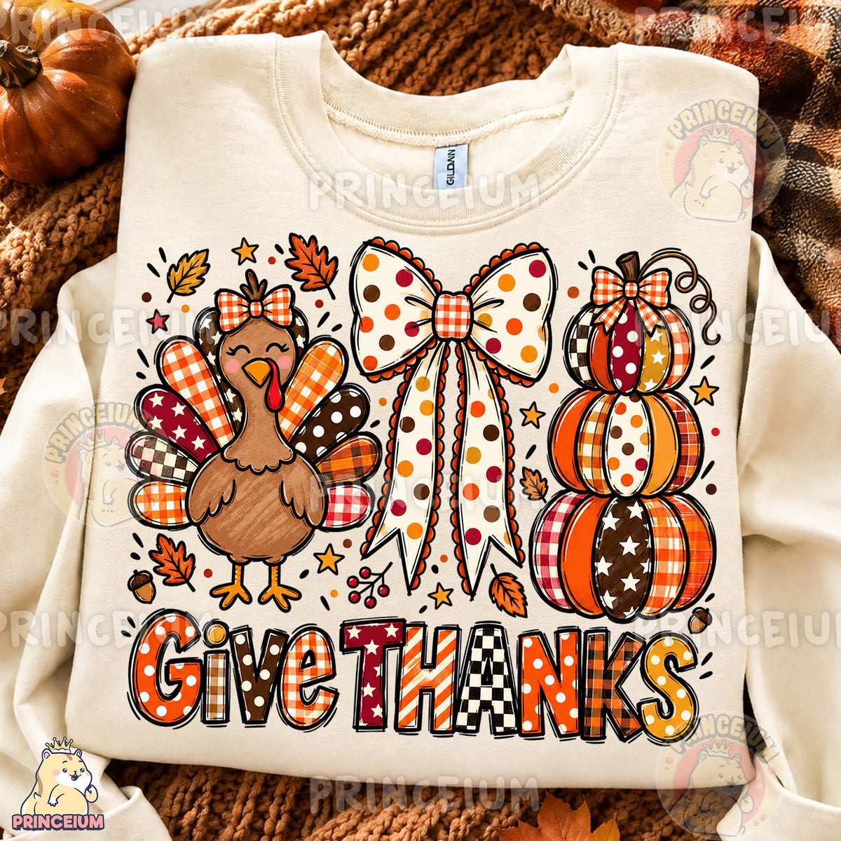 Give Thanks PNG Preppy Thanksgiving Turkey Bow & Pumpkin Design