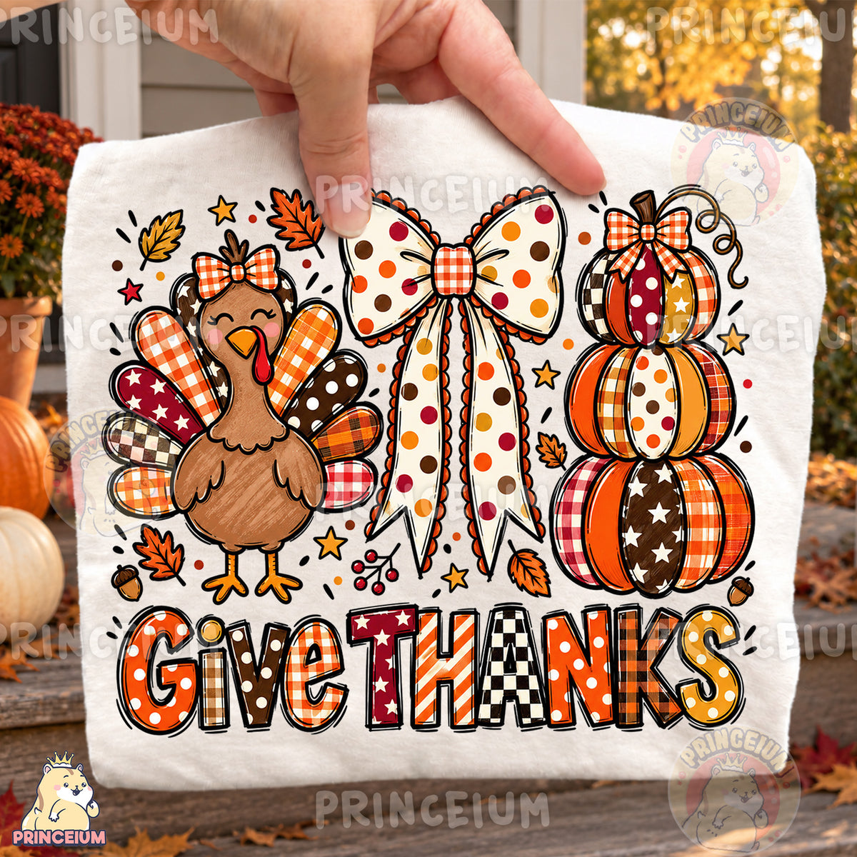 Give Thanks PNG Preppy Thanksgiving Turkey Bow & Pumpkin Design