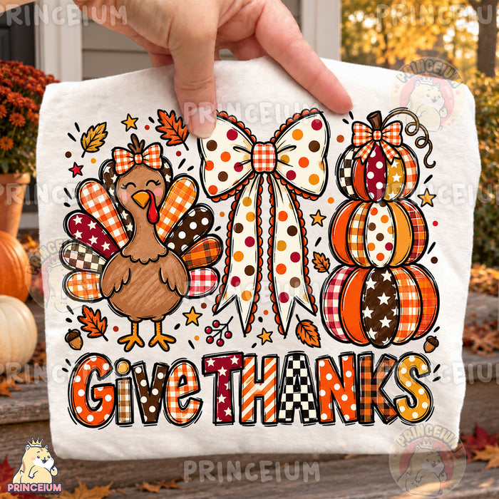 Give Thanks PNG Preppy Thanksgiving Turkey Bow & Pumpkin Design