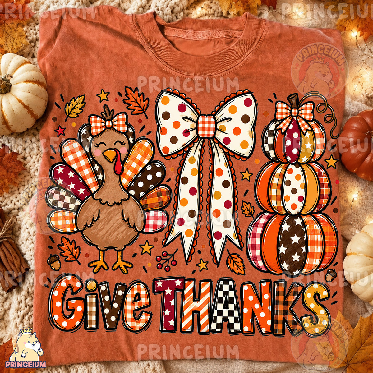 Give Thanks PNG Preppy Thanksgiving Turkey Bow & Pumpkin Design