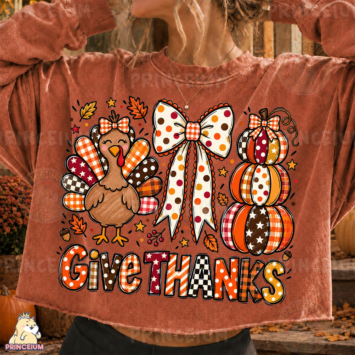 Give Thanks PNG Preppy Thanksgiving Turkey Bow & Pumpkin Design