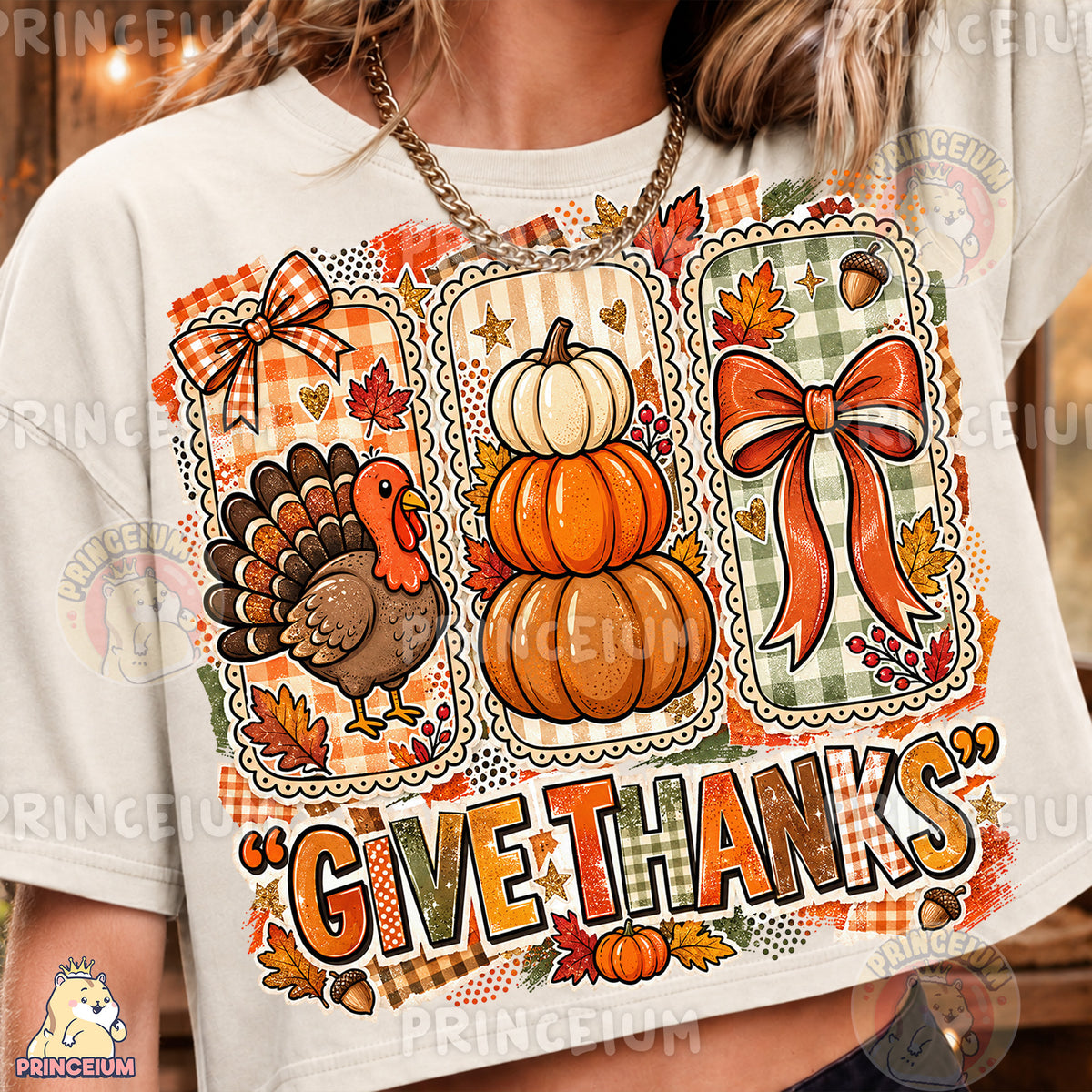 Give Thanks PNG Preppy Turkey Pumpkin & Bow Thanksgiving Design