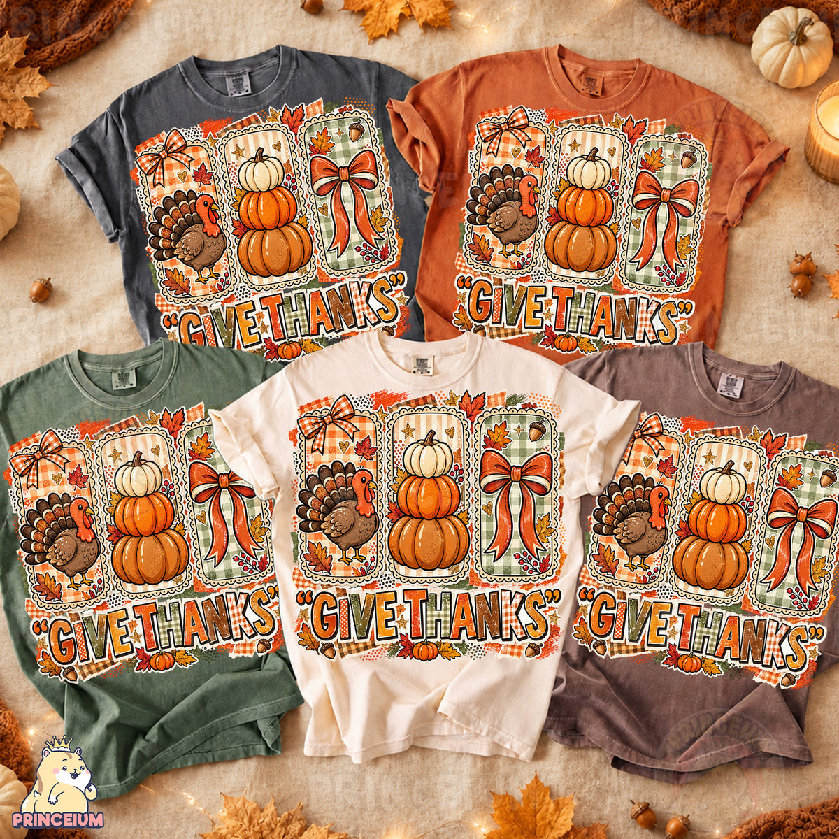 Give Thanks PNG Preppy Turkey Pumpkin & Bow Thanksgiving Design