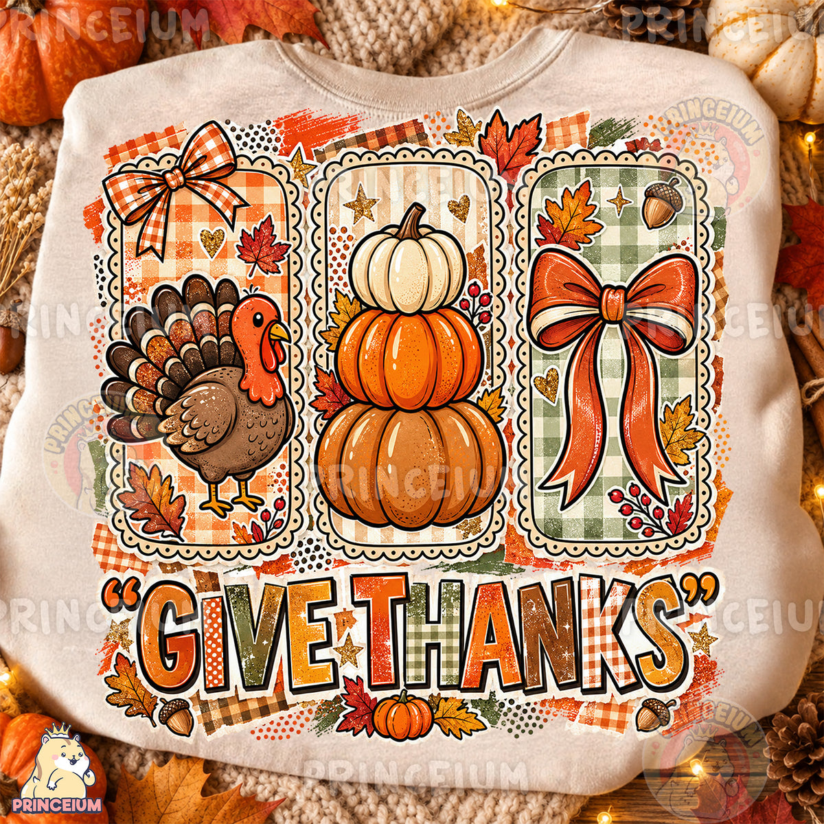 Give Thanks PNG Preppy Turkey Pumpkin & Bow Thanksgiving Design