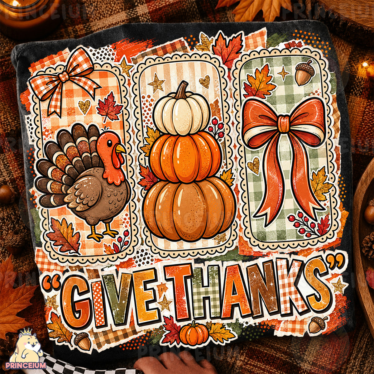 Give Thanks PNG Preppy Turkey Pumpkin & Bow Thanksgiving Design