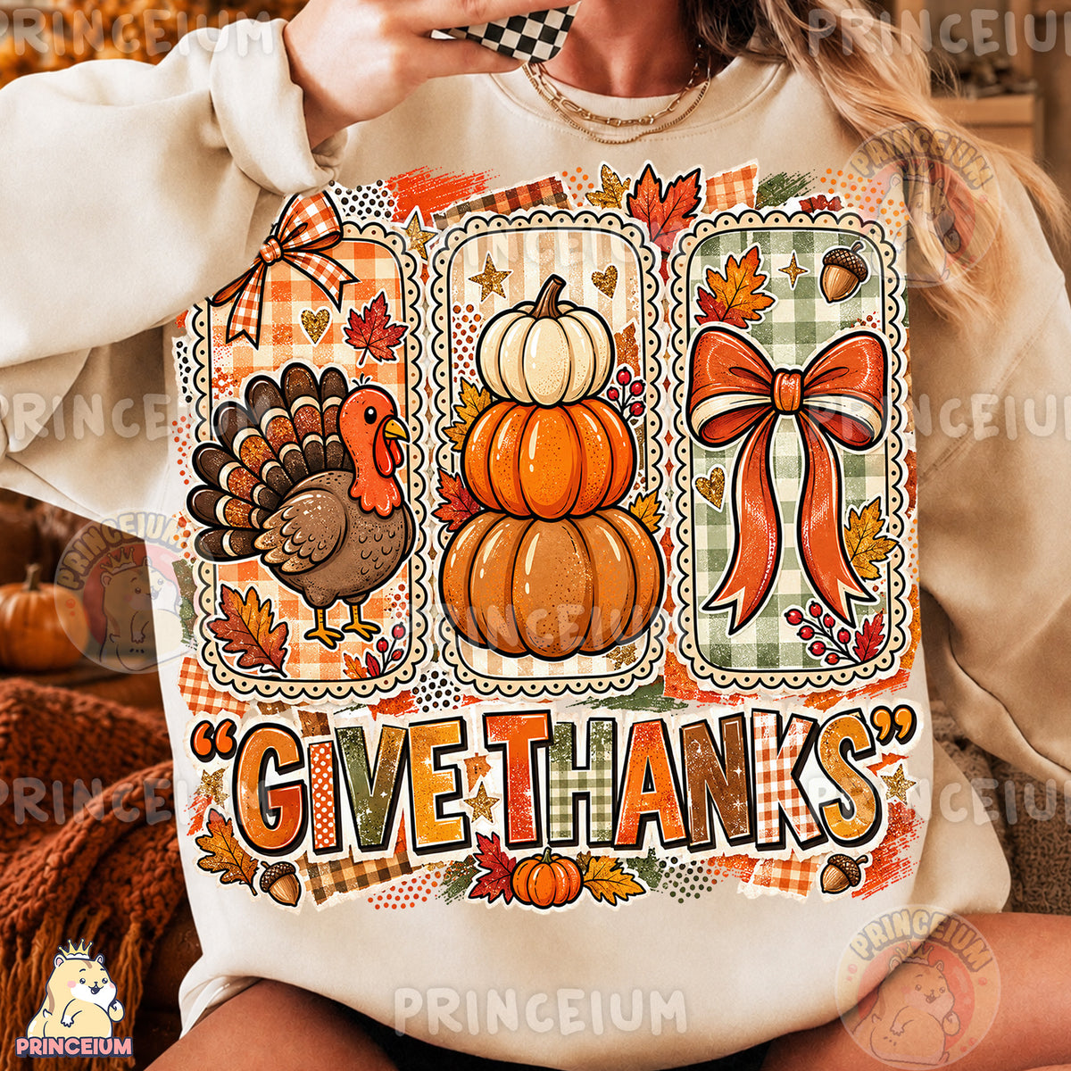 Give Thanks PNG Preppy Turkey Pumpkin & Bow Thanksgiving Design