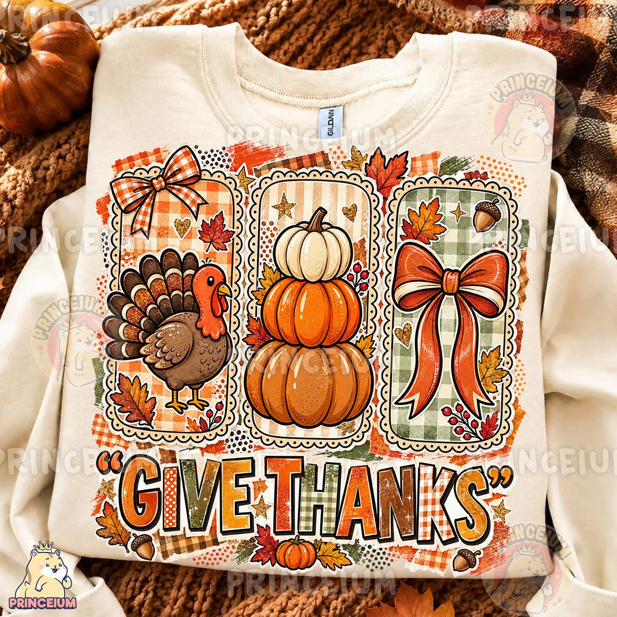 Give Thanks PNG Preppy Turkey Pumpkin & Bow Thanksgiving Design
