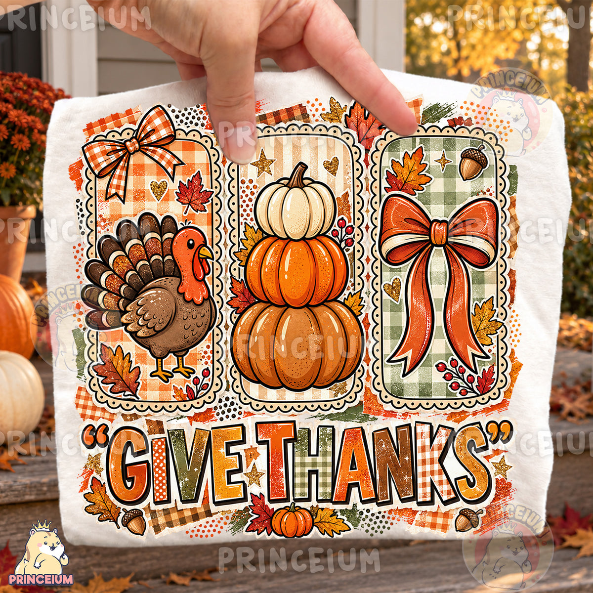 Give Thanks PNG Preppy Turkey Pumpkin & Bow Thanksgiving Design
