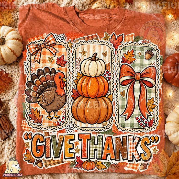 Give Thanks PNG Preppy Turkey Pumpkin & Bow Thanksgiving Design