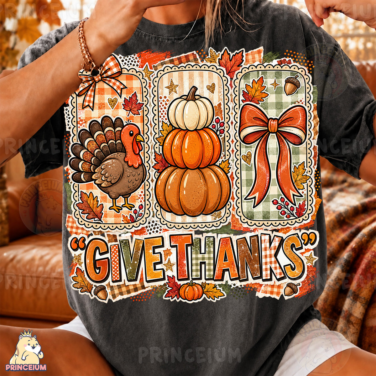 Give Thanks PNG Preppy Turkey Pumpkin & Bow Thanksgiving Design