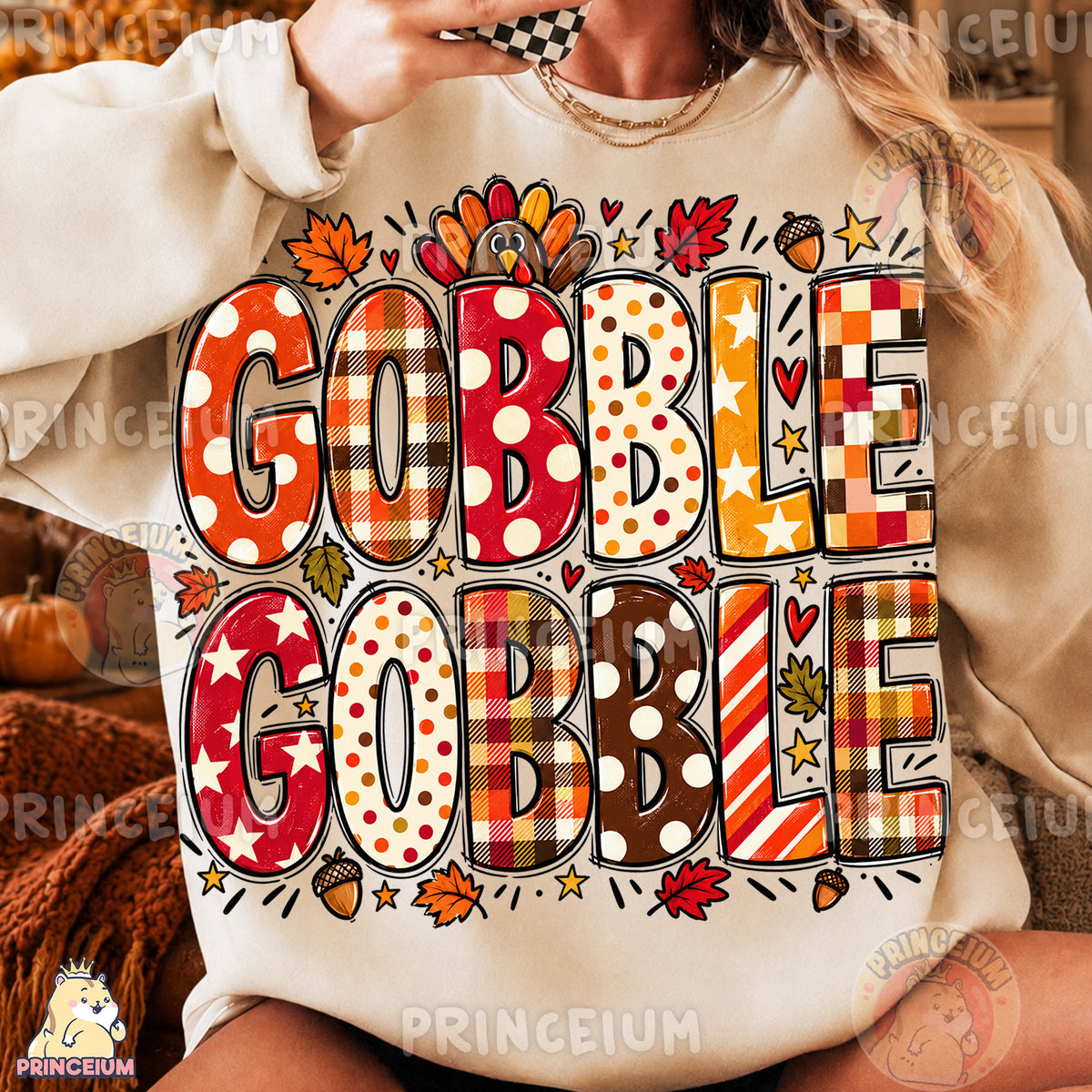 Gobble Gobble PNG Preppy Thanksgiving Plaid Lettering Design