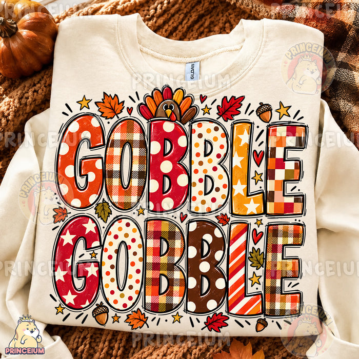 Gobble Gobble PNG Preppy Thanksgiving Plaid Lettering Design