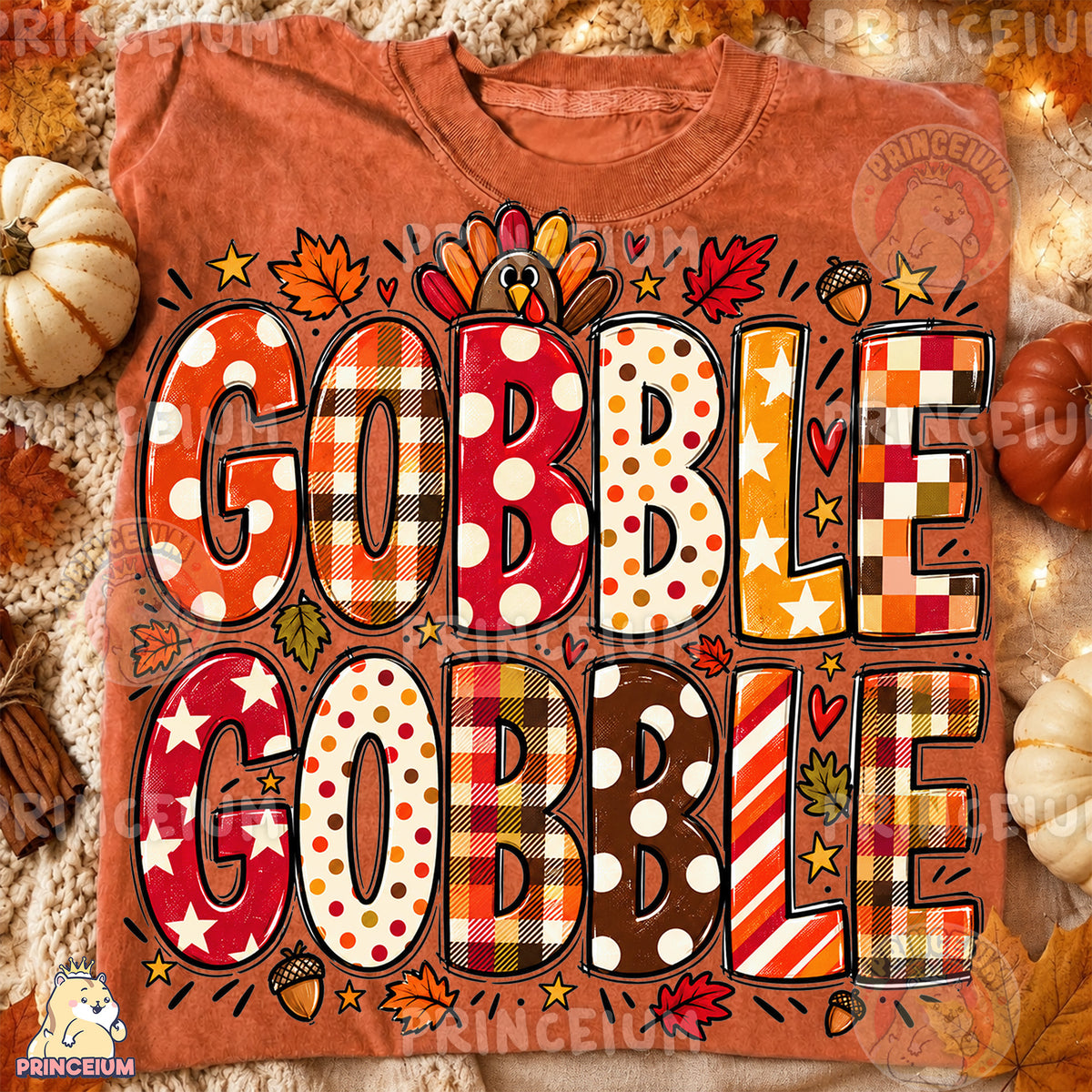 Gobble Gobble PNG Preppy Thanksgiving Plaid Lettering Design