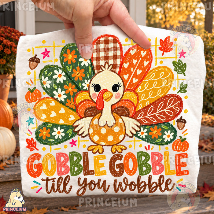 Gobble Gobble Till You Wobble PNG Cute Crayon Turkey Thanksgiving Design