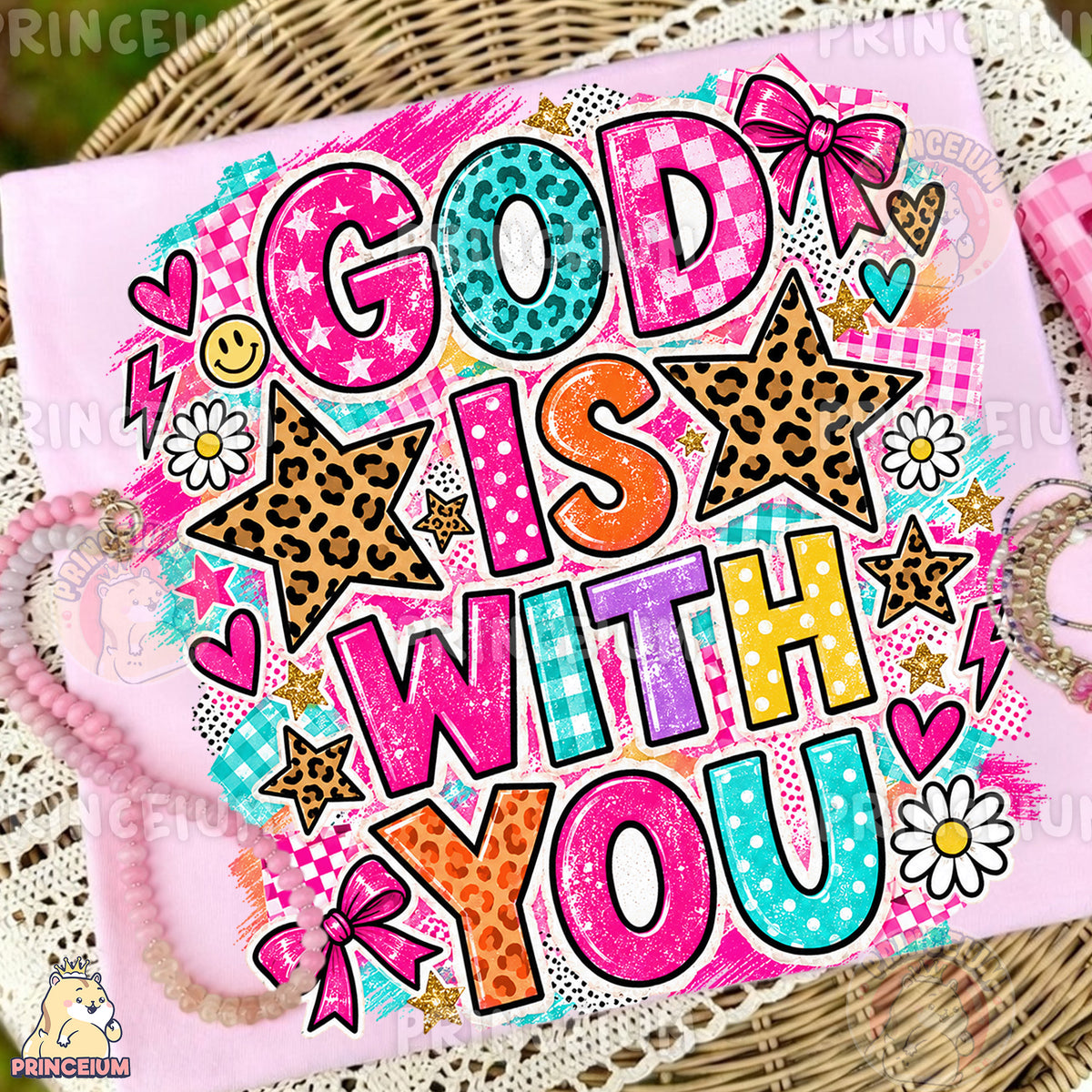 God Is With You PNG Leopard Stars & Bows Preppy Christian Design