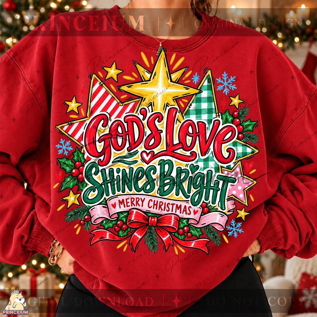 God’s Love Shines Bright Christmas PNG Stars & Bow Preppy Christian Holiday Design