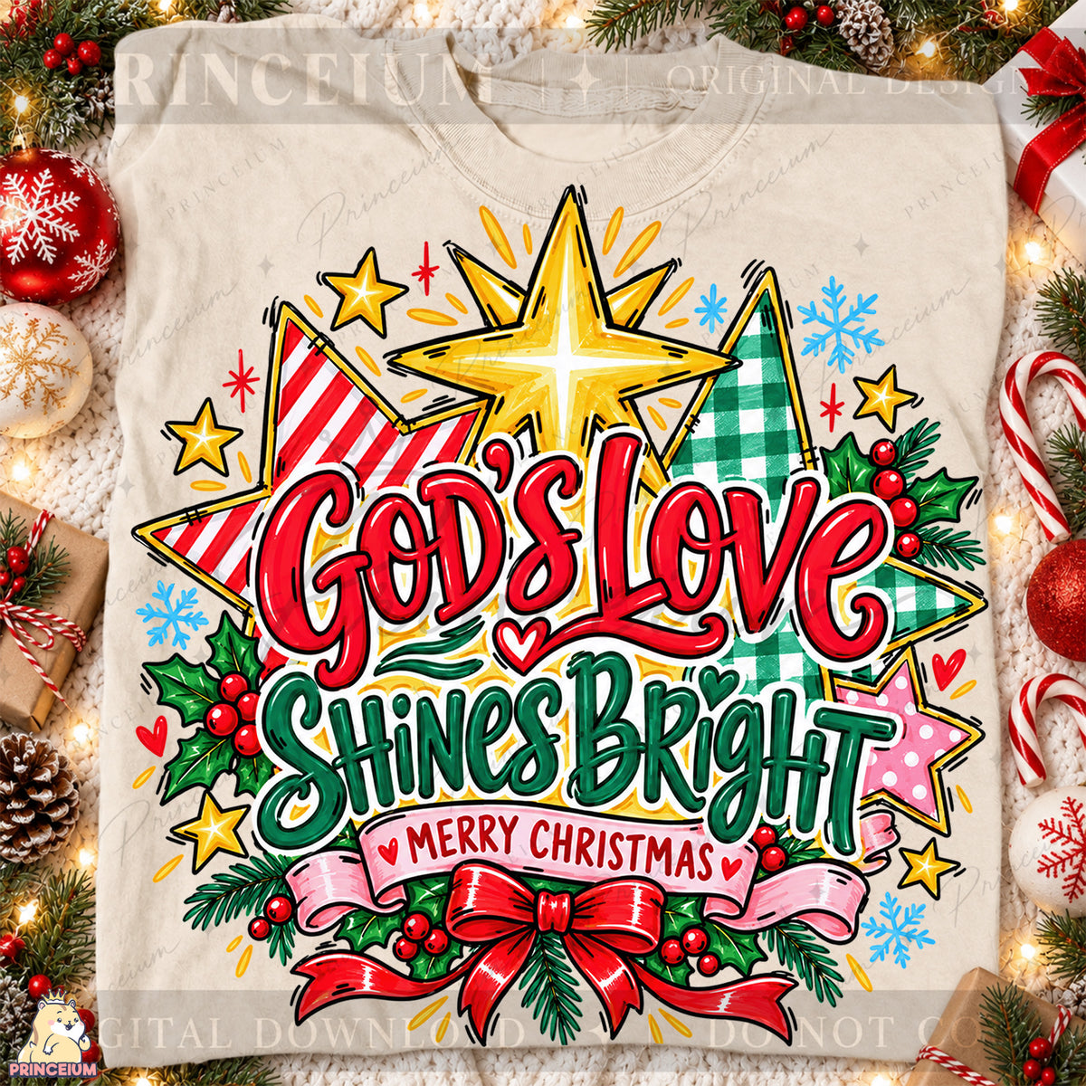 God’s Love Shines Bright Christmas PNG Stars & Bow Preppy Christian Holiday Design