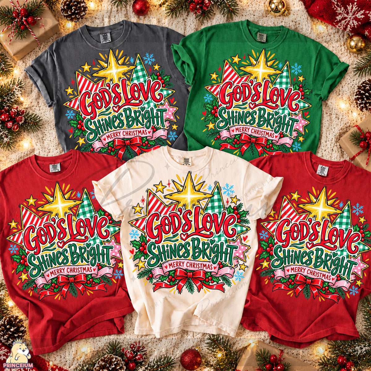 God’s Love Shines Bright Christmas PNG Stars & Bow Preppy Christian Holiday Design