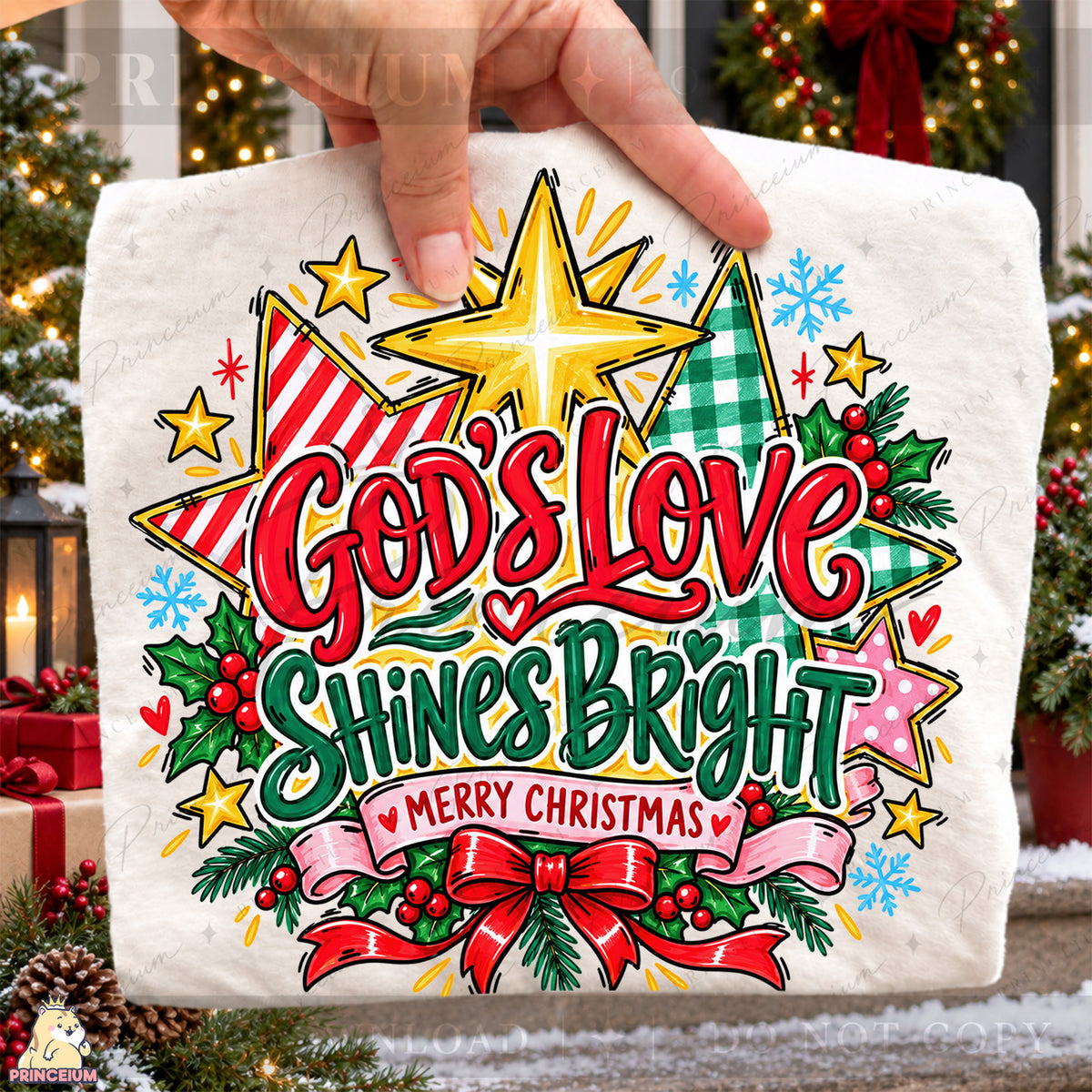 God’s Love Shines Bright Christmas PNG Stars & Bow Preppy Christian Holiday Design