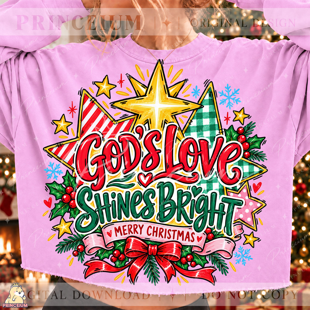 God’s Love Shines Bright Christmas PNG Stars & Bow Preppy Christian Holiday Design