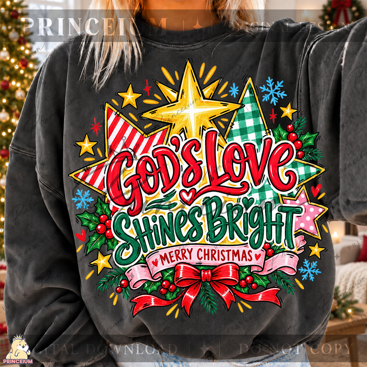 God’s Love Shines Bright Christmas PNG Stars & Bow Preppy Christian Holiday Design