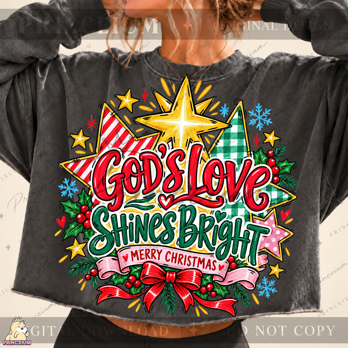 God’s Love Shines Bright Christmas PNG Stars & Bow Preppy Christian Holiday Design