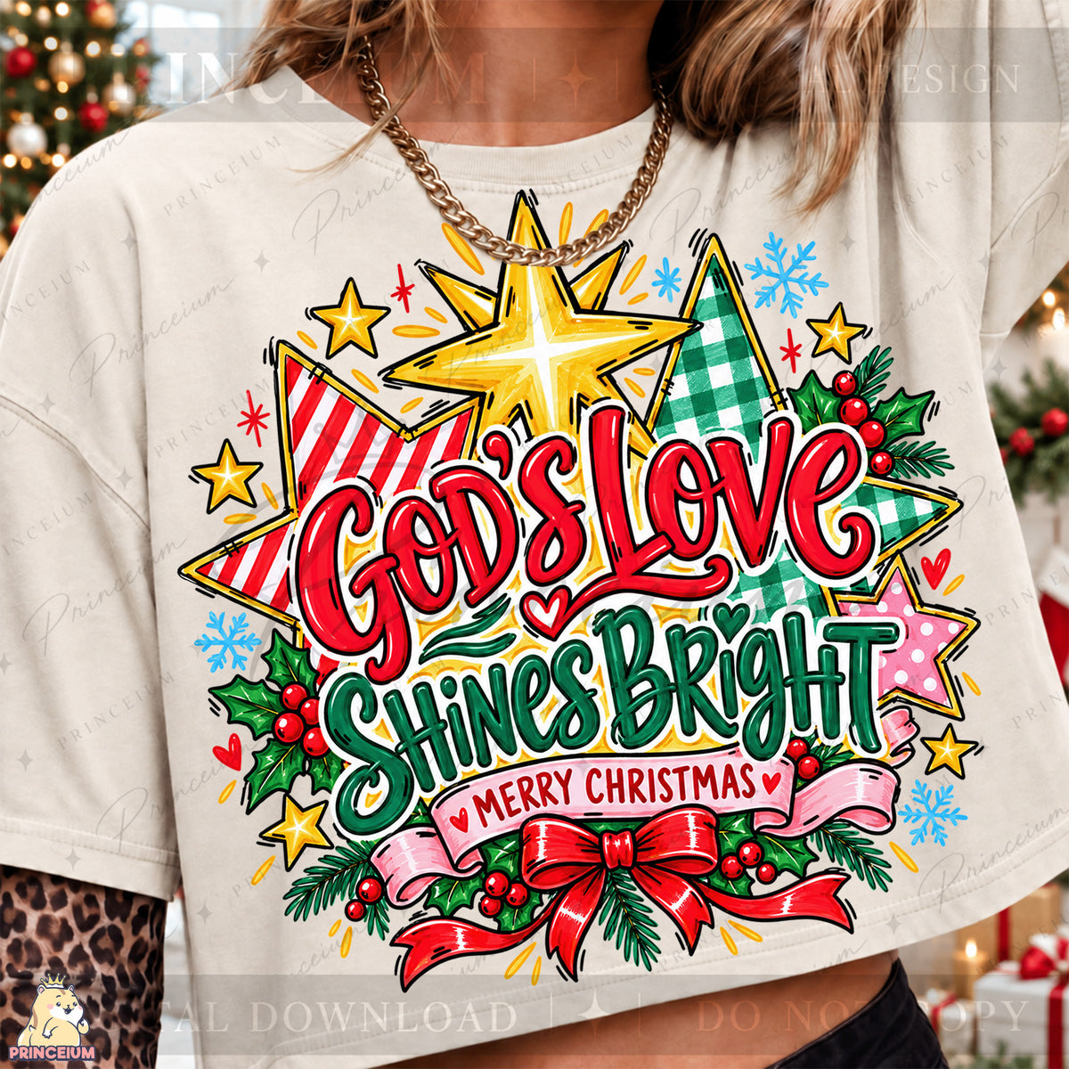 God’s Love Shines Bright Christmas PNG Stars & Bow Preppy Christian Holiday Design