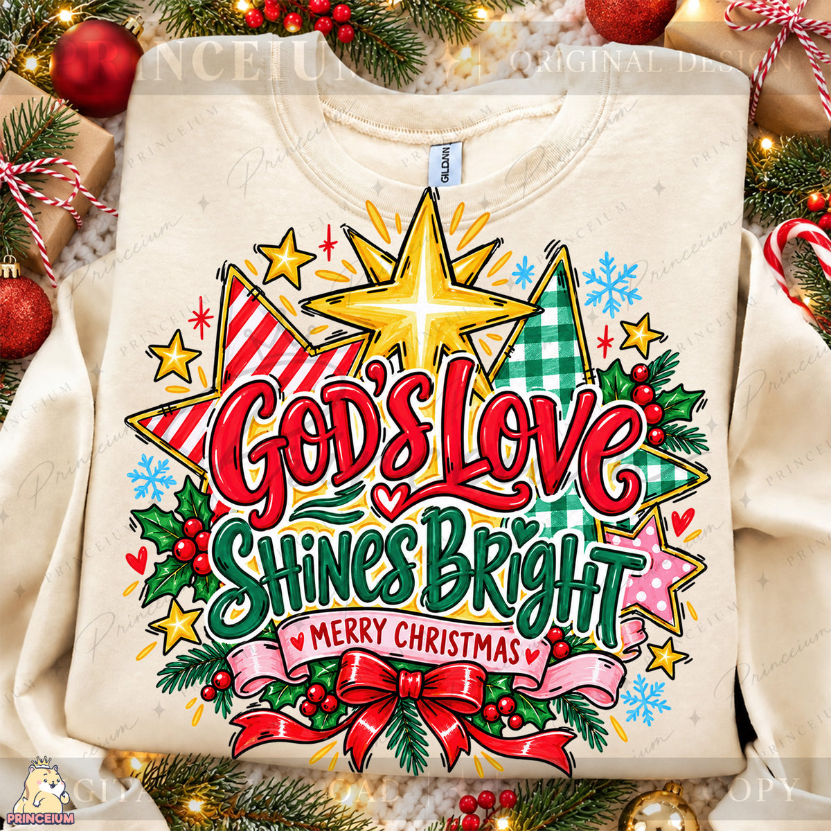 God’s Love Shines Bright Christmas PNG Stars & Bow Preppy Christian Holiday Design