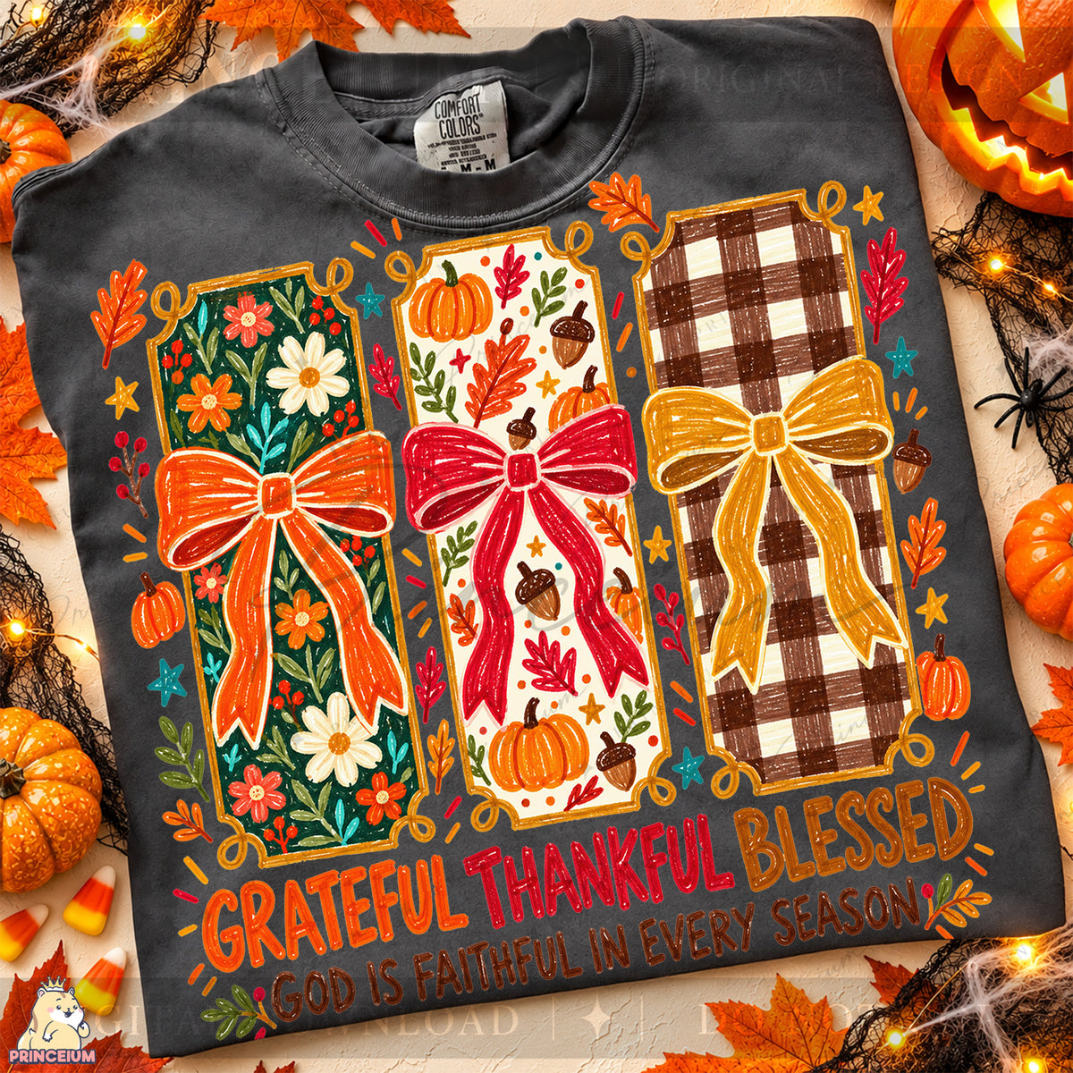 Grateful Thankful Blessed PNG Crayon Fall Bows Christian Thanksgiving Design