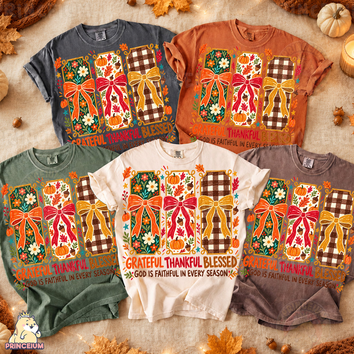 Grateful Thankful Blessed PNG Crayon Fall Bows Christian Thanksgiving Design