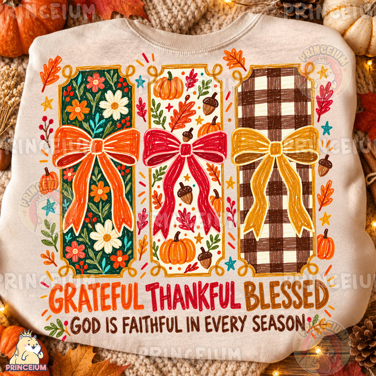 Grateful Thankful Blessed PNG Crayon Fall Bows Christian Thanksgiving Design