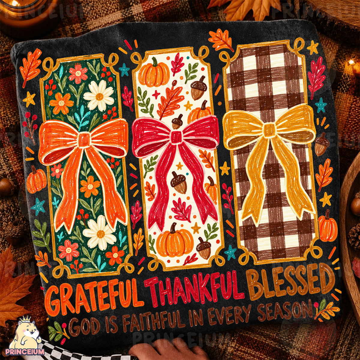 Grateful Thankful Blessed PNG Crayon Fall Bows Christian Thanksgiving Design