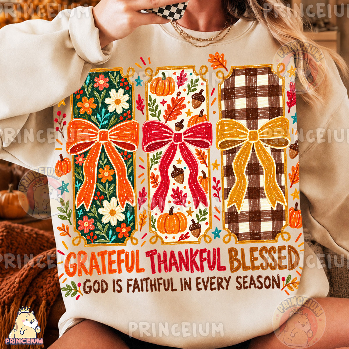 Grateful Thankful Blessed PNG Crayon Fall Bows Christian Thanksgiving Design
