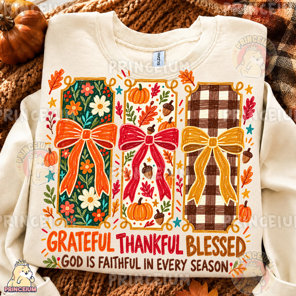 Grateful Thankful Blessed PNG Crayon Fall Bows Christian Thanksgiving Design