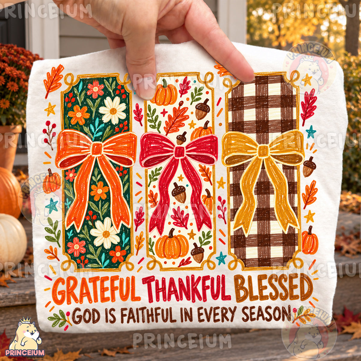 Grateful Thankful Blessed PNG Crayon Fall Bows Christian Thanksgiving Design