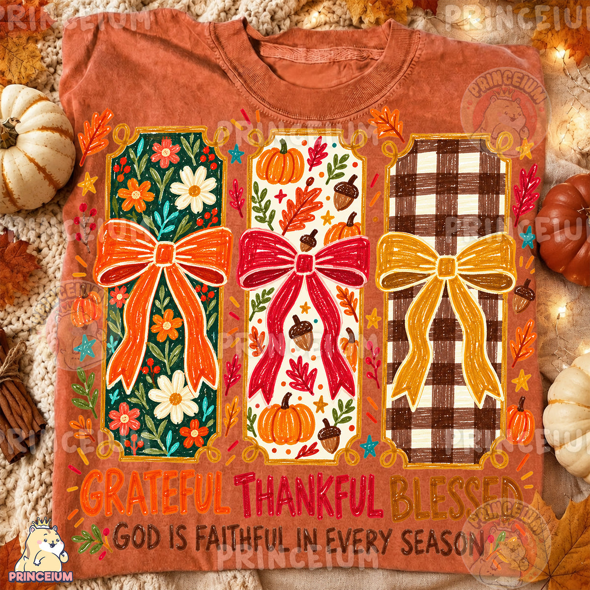 Grateful Thankful Blessed PNG Crayon Fall Bows Christian Thanksgiving Design
