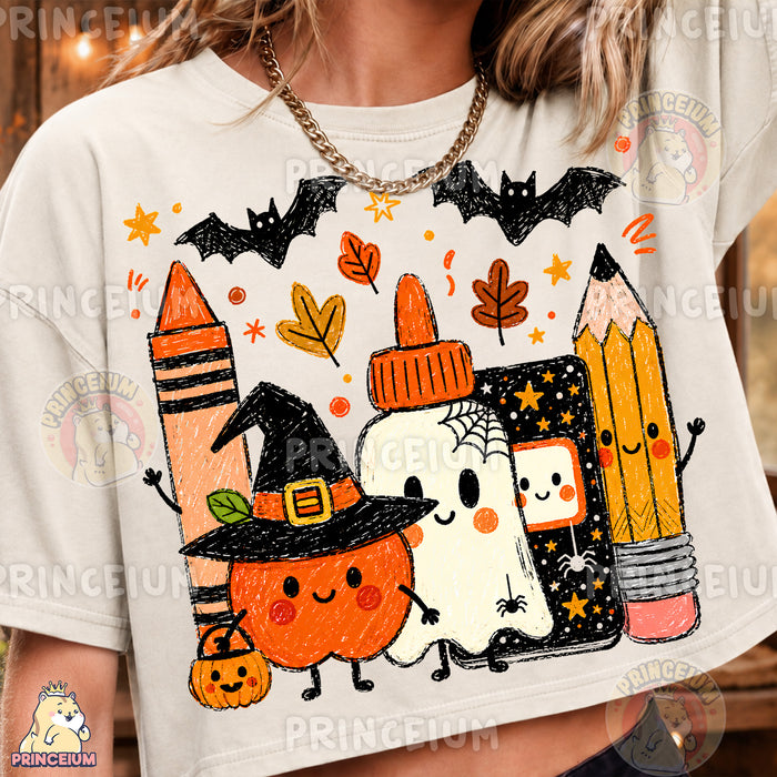 Halloween School Supplies PNG Cute Crayon Style Teacher Design