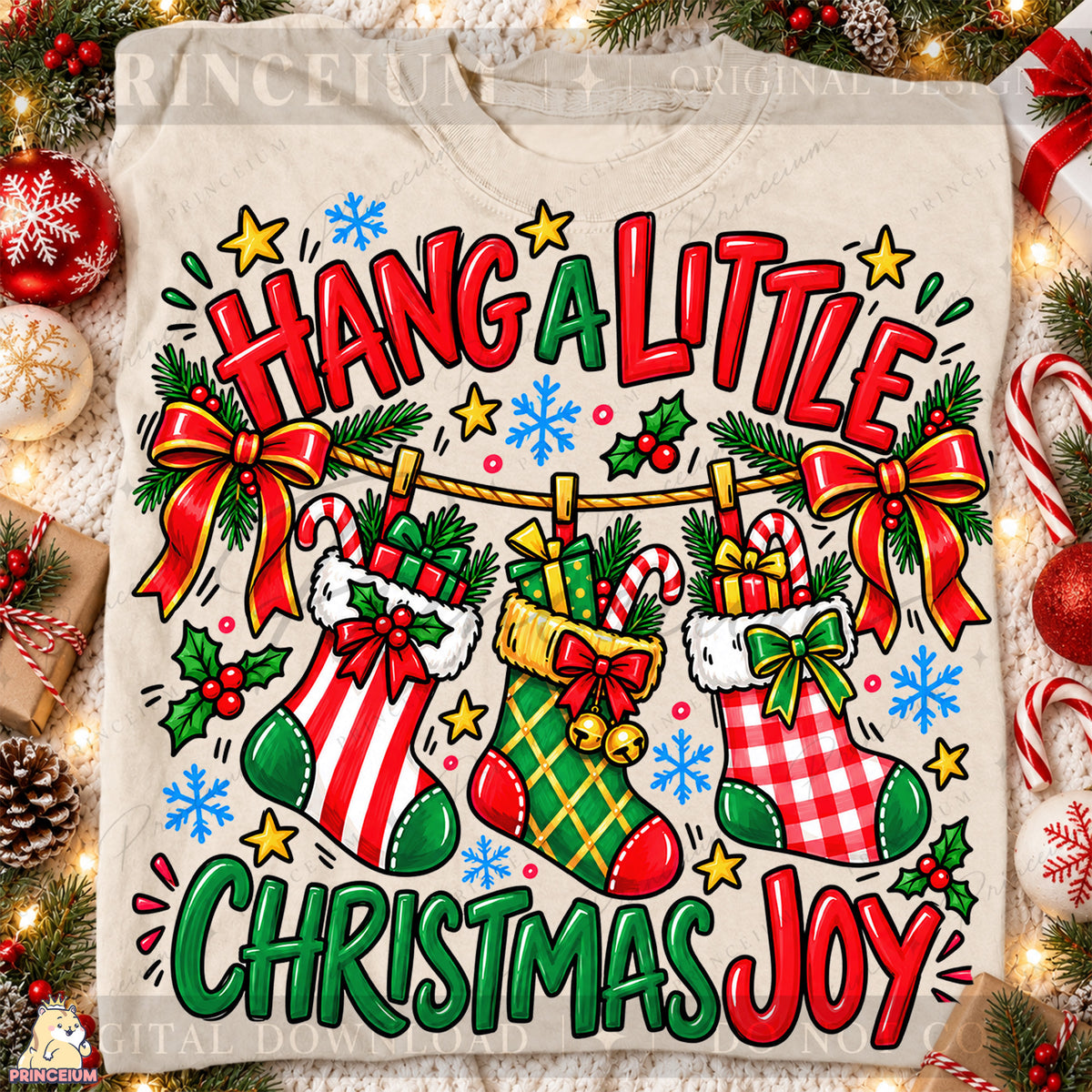 Hang a Little Christmas Joy PNG Stockings & Bows Preppy Holiday Design
