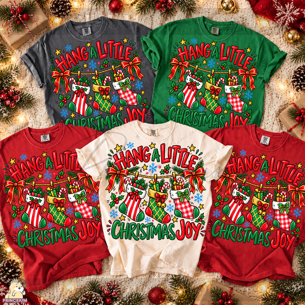Hang a Little Christmas Joy PNG Stockings & Bows Preppy Holiday Design
