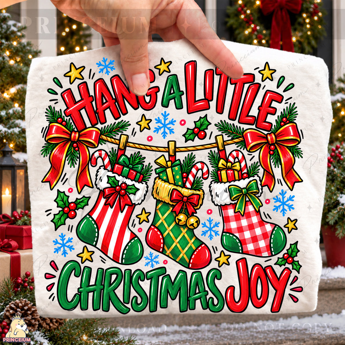Hang a Little Christmas Joy PNG Stockings & Bows Preppy Holiday Design