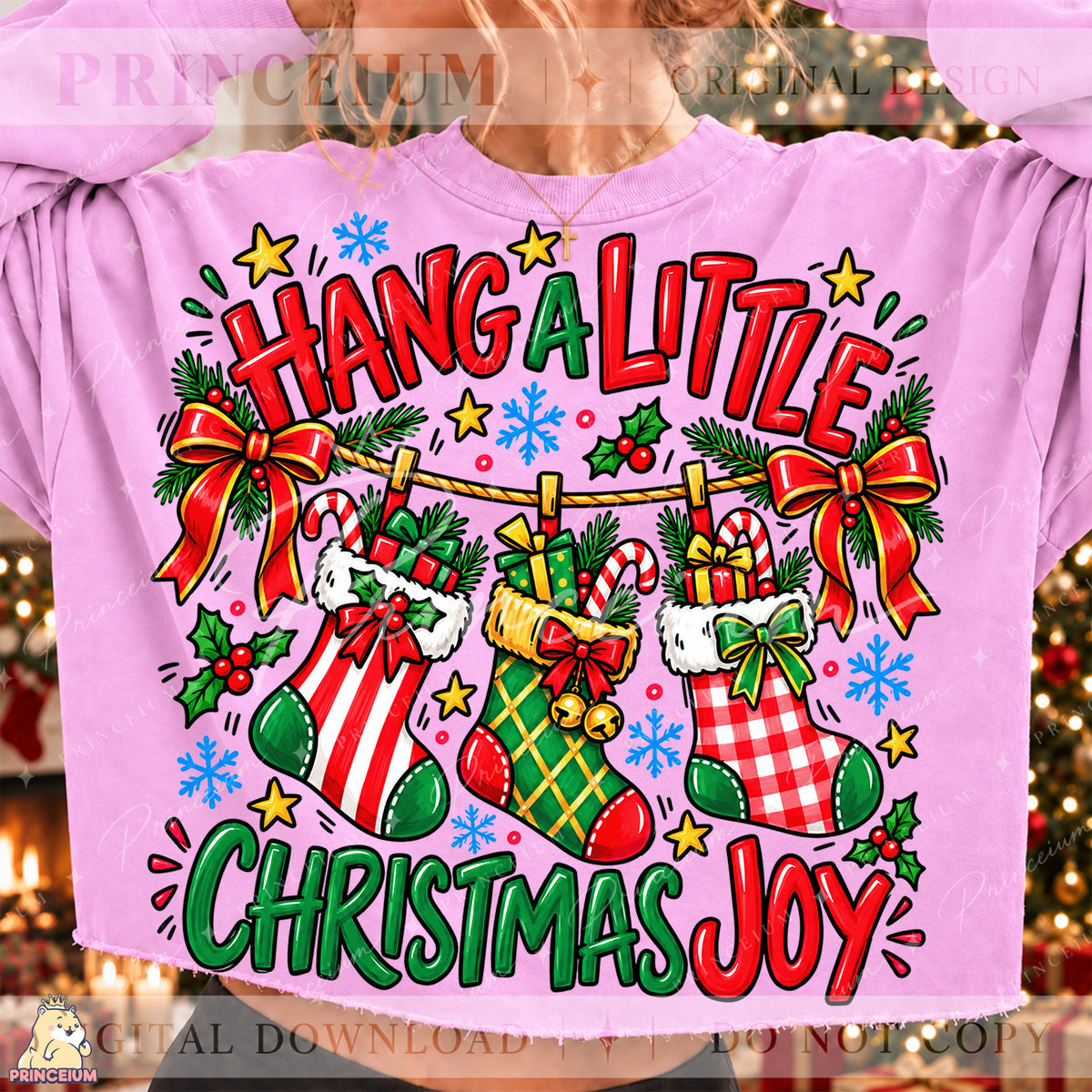 Hang a Little Christmas Joy PNG Stockings & Bows Preppy Holiday Design
