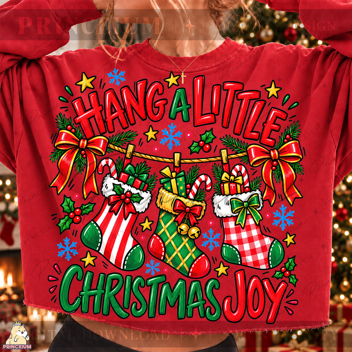 Hang a Little Christmas Joy PNG Stockings & Bows Preppy Holiday Design