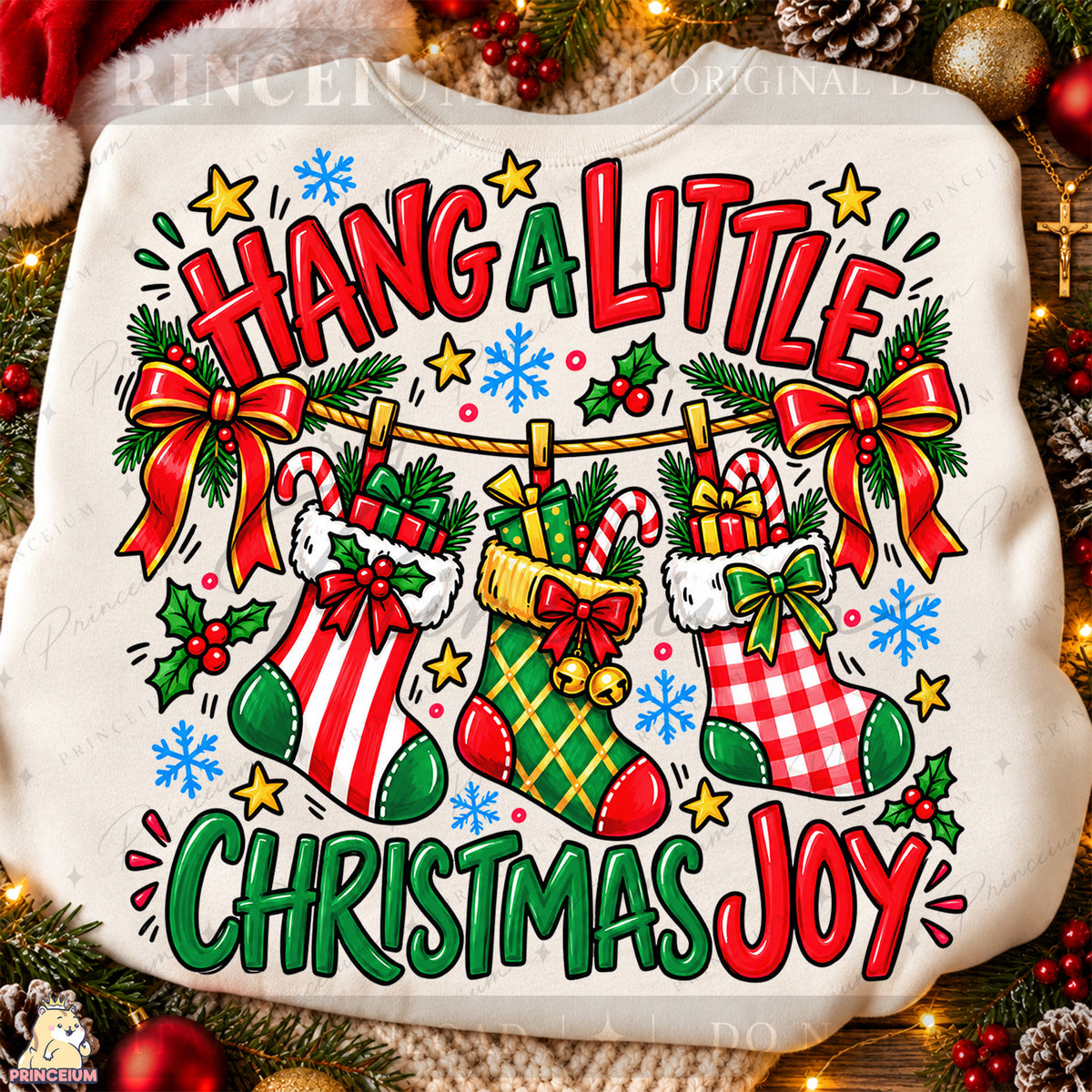 Hang a Little Christmas Joy PNG Stockings & Bows Preppy Holiday Design