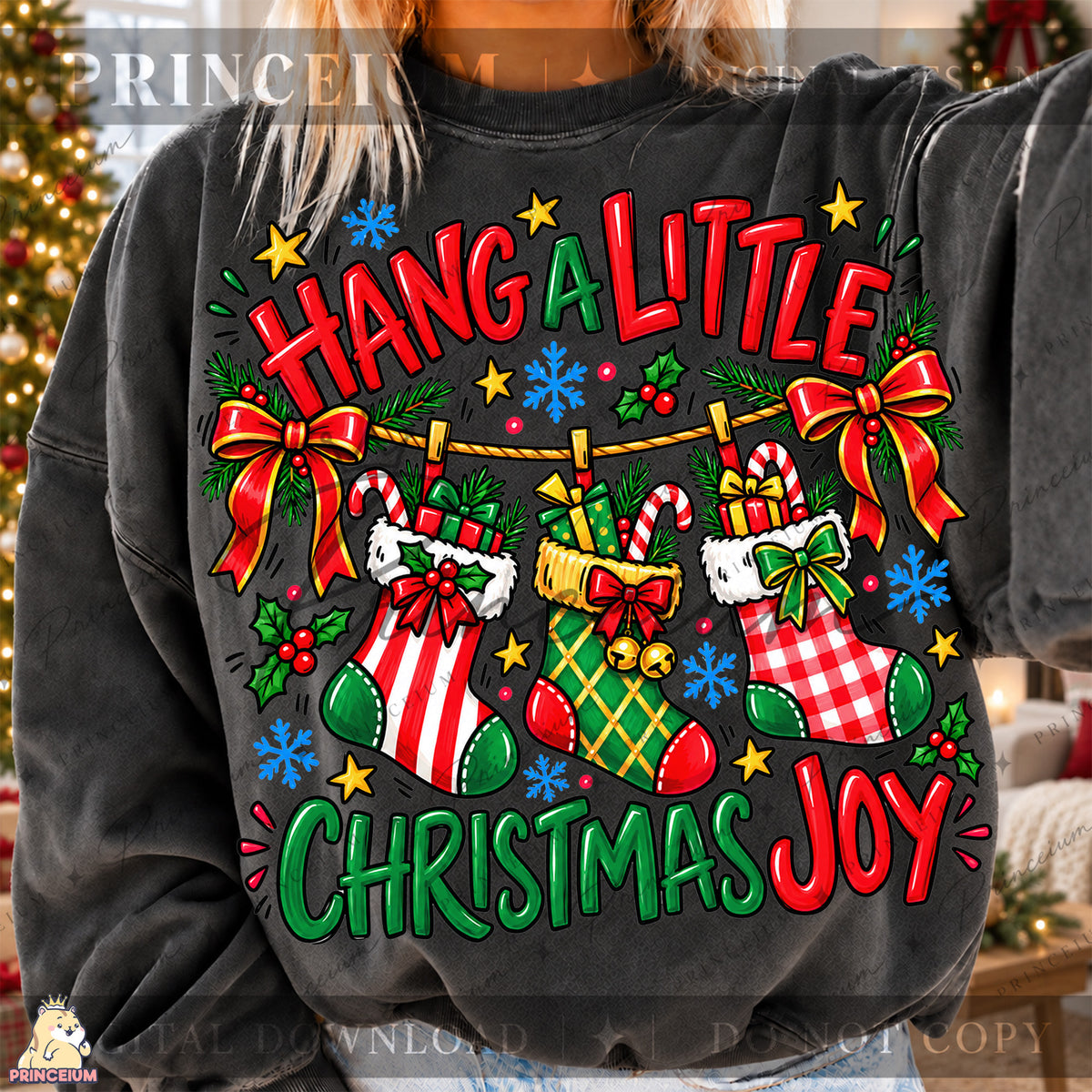 Hang a Little Christmas Joy PNG Stockings & Bows Preppy Holiday Design