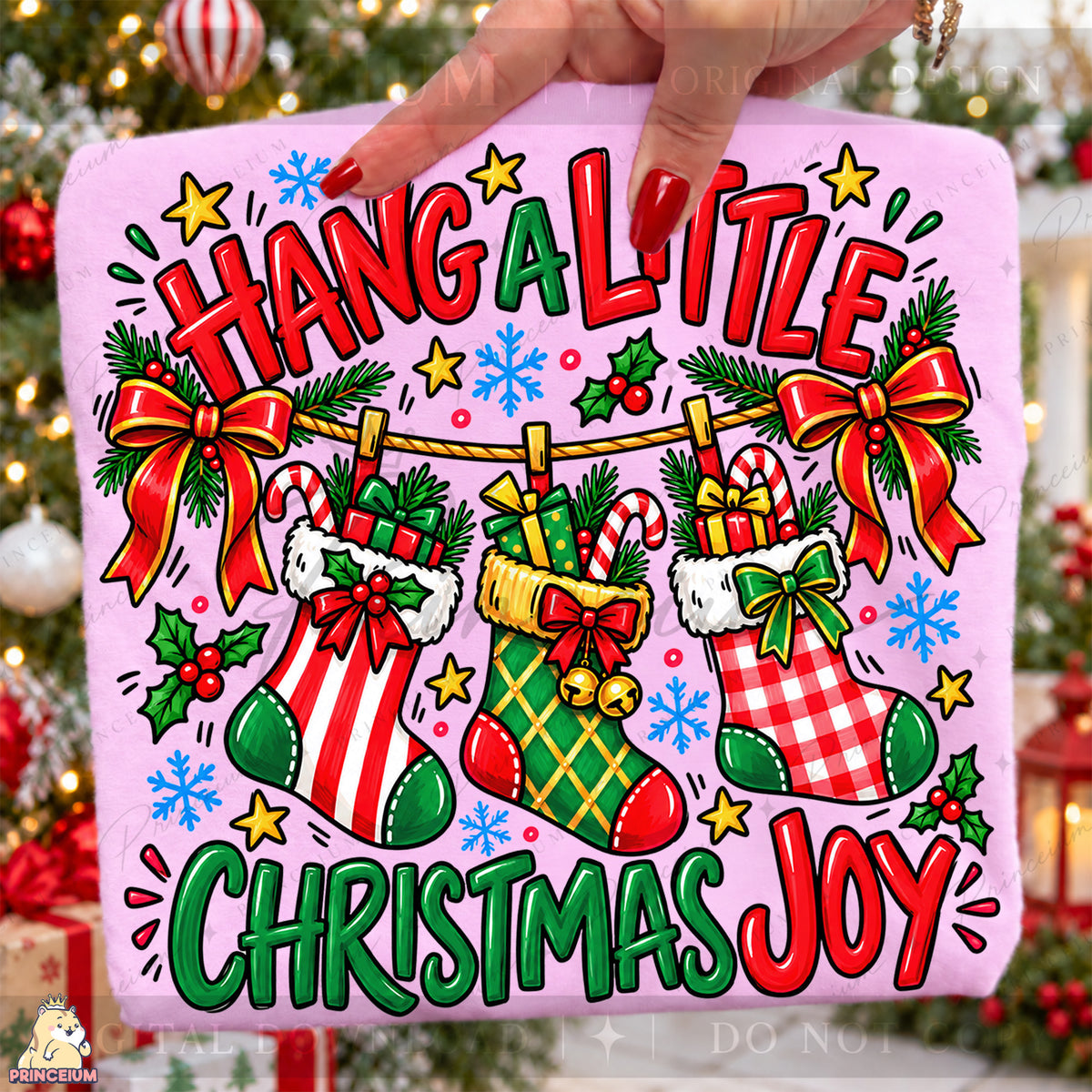 Hang a Little Christmas Joy PNG Stockings & Bows Preppy Holiday Design