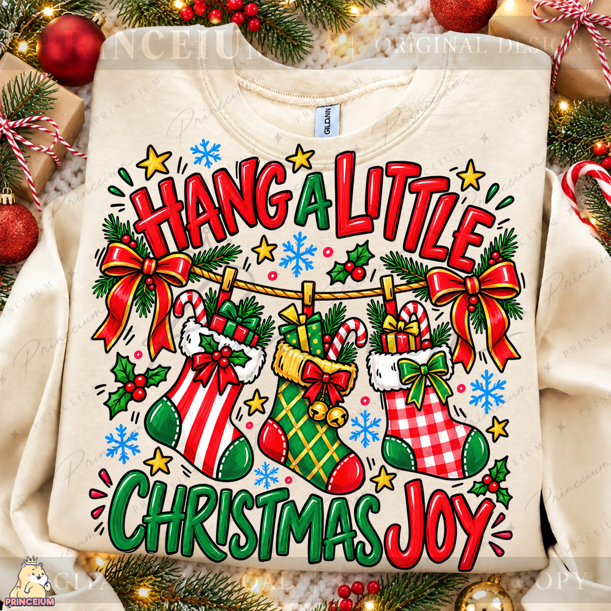 Hang a Little Christmas Joy PNG Stockings & Bows Preppy Holiday Design