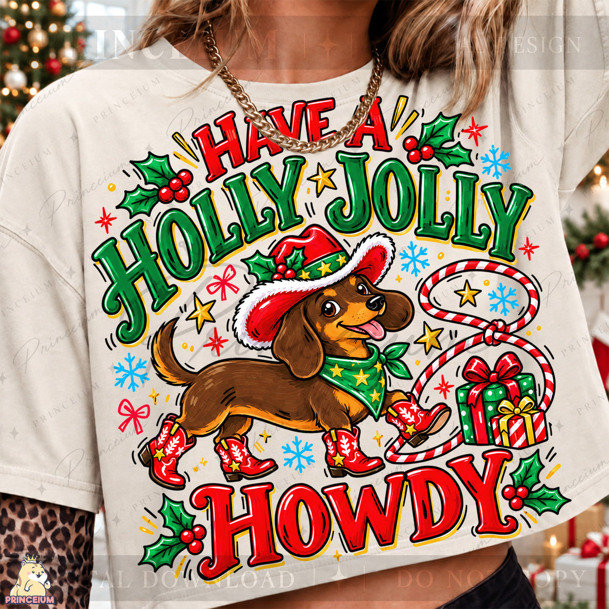 Have a Holly Jolly Howdy Christmas PNG Dachshund Cowboy Western Holiday Design